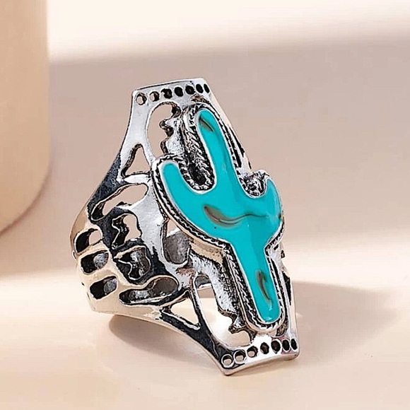 BOHO SILVER TURQUOISE CACTUS RING - Picture 3 of 3